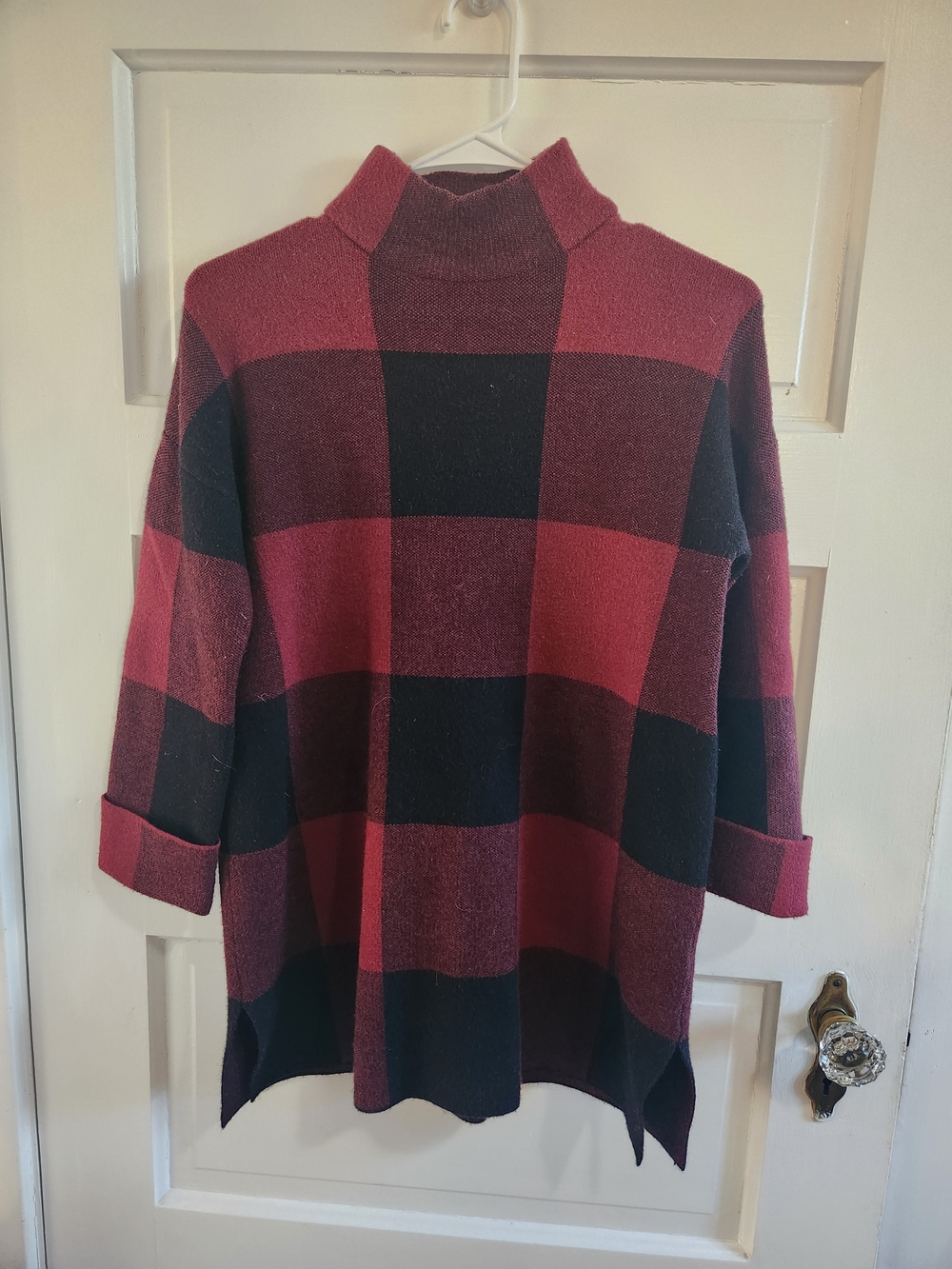 Max Studio Red and Black Buffalo Check Mock Neck Sweater